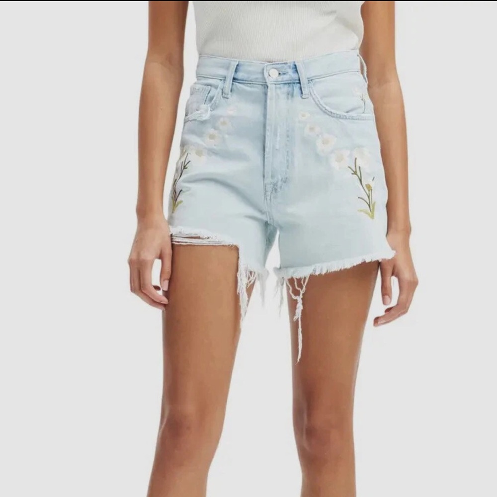 7 For All Mankind Light Blue Jean Shorts with Floral Embroidery